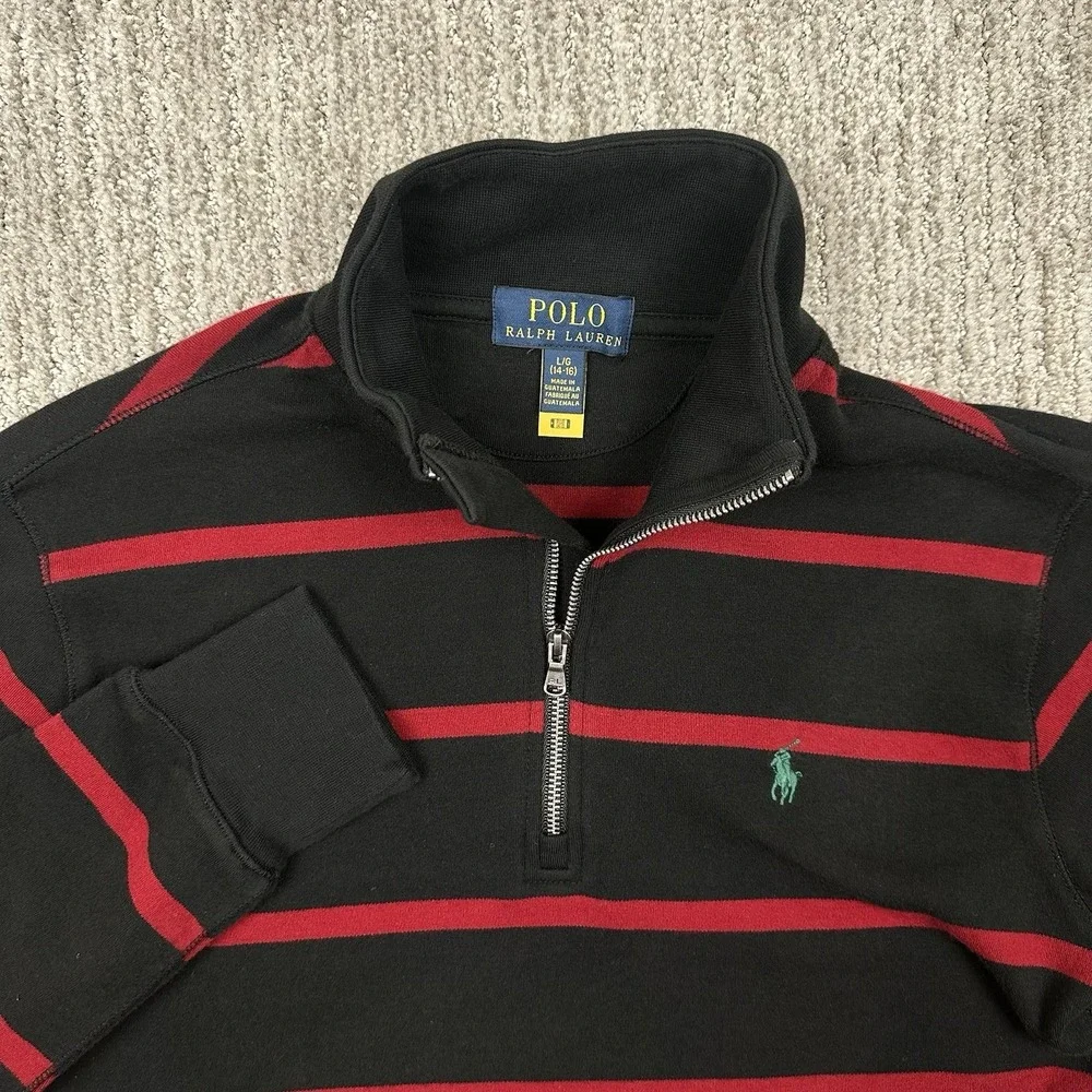 POLO RALPH LAUREN 1/4 Zip Striped Pullover Boys Youth Large (14-16) Green PONY